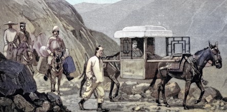 A caravan in Mongolia, a palanquin carried by horses and riders with luggage, Illustration,