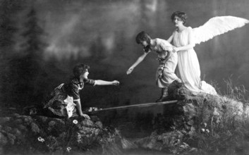Guardian angel angel, 1930s, Angel helping a child while a woman watches from a rock, historical