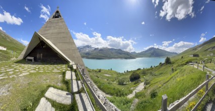 View of the Mont-Cenis Pyramid Museum on the left, built in 1967 above Lac du Mont Cenis on the