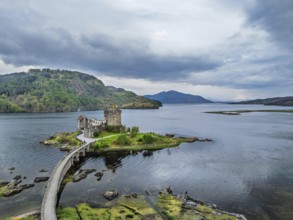 Eilean Donan Castle and Loch Duich from a drone, Isle of Skye, Highlands, Scotland, England, United