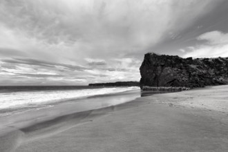 Skarðsvík Beach, sandy beach and cliffs, coastal landscape with bay, monochrome, Skardsvik,