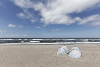 Lonely beach with two silver beach shells on the Baltic Sea, blue sky, Kühlungsborn,