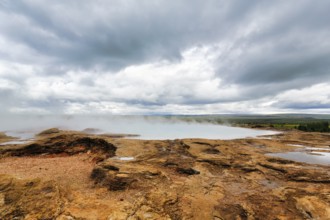 Great Geyser, Old Geyser, steaming, high temperature area Haukadalur, tourist attraction at the