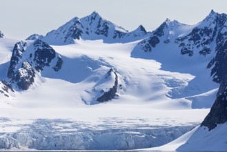 Glacier tongue, ice, mountain range, sea, Smeerenburg, Spitsbergen, Svalbard