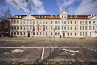 State parliament, historic houses, baroque architectural style, facade, window, disabled parking