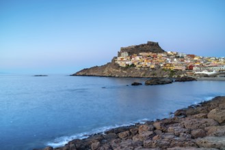 Castelsardo at blue hour, castle, evening, blue sky, Castelsardo, province Sassari, Sardinia, Italy