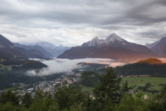 Marxenhöhe near Berchtesgaden with Watzmann view in the morning mist after the rain