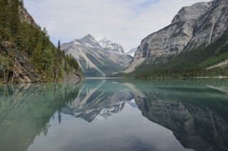 Mountains reflected in Kinney Lake, Mount Robson Provincial Park, British Columbia, Canada