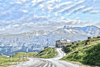 Photo with reduced dynamic saturation HDR of south ramp ascent from pass road to mountain pass