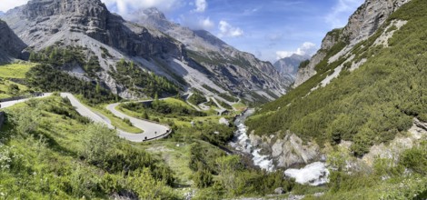 Panoramic view of south ramp south ascent to descent from Alpine pass Stelvio Pass, right