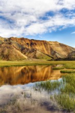 Volcanic landscape, colourful rhyolite mountains, water, Landmannalaugar, remote hiking area in