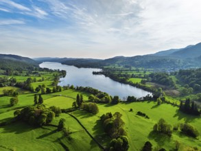 Farms over Coniston Water from drone, Lake District National Park, Cumbria, UK