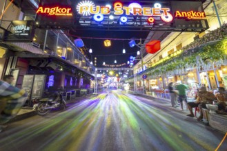 Neon lights, Pub Street in the evening, entertainment district with bars and restaurants, Siem
