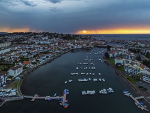 Sunset over Saint-Jean-de-Luz from a drone, Nouvelle-Aquitaine, Pyrenees-Atlantiques, France
