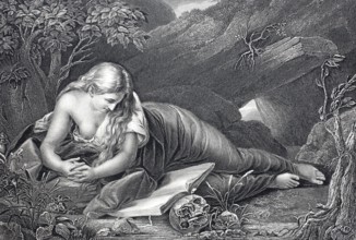 Magdalena, woman lying on the ground and reading a book, steel engraving after a painting by Pompeo