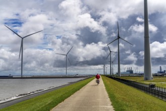 Strekdammen Wind Farm, wind farm at the seaport of Eemshaven in the Netherlands, left, built on