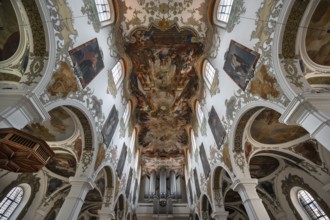 Interior with organ loft, ceiling frescoes in the nave from 1746, St Martinus and Maria Church,