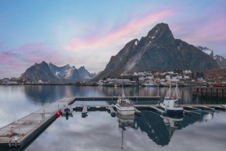Beautiful Reine fishing village, scenic dramatic views of Lofoten islands in Norway