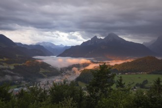 Marxenhöhe near Berchtesgaden with Watzmann view in the morning mist after the rain
