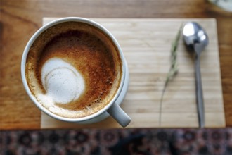 Cup of coffee with milk foam, cappuccino, coffee speciality on a wooden board, view from above,