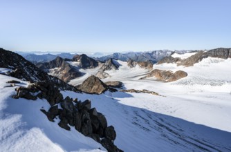 Snow on the Wilder Freiger mountain peak, picturesque high mountain landscape, view of