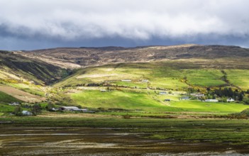 Farms over Loch Harport, Drynoch, Isle of Skye, Scotland, UK