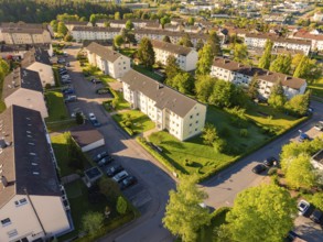 Green housing estate with trees and streets in a quiet neighbourhood, Calw, Black Forest, Germany