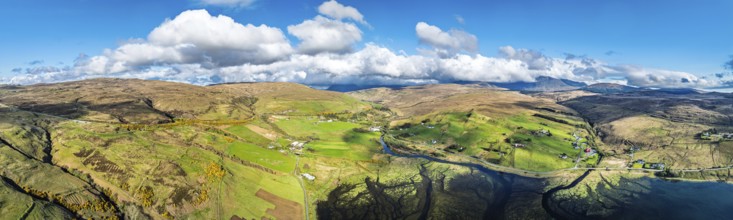 Panorama of Farms and Moors over Loch Harport from a drone, Drynoch, Isle of Skye, Highlands,
