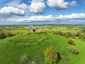 Burrow Mump from a drone, Southlake Moor, Burrowbridge, Taunton, Somerset, England, United Kingdom