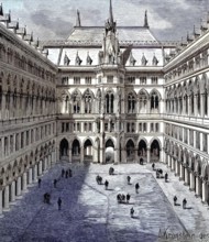 The old town hall of Vienna, Austria, the inner courtyard with arcades, illustration from 1894,
