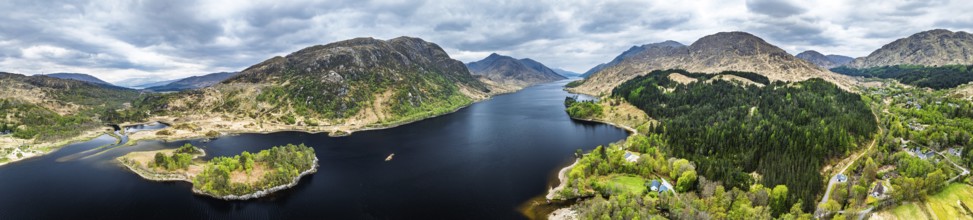 Panorama of Loch Shiel from a drone, Glenfinnan, River Finnan, West Highland, Scotland, United