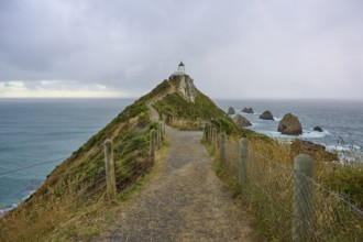 A lighthouse perched on a hill above the rugged coastline, surrounded by a narrow path, summer,