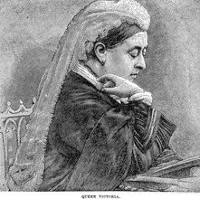 Queen Victoria sitting at the lectern reading a book, quiet moment, pause, distraction, lost in