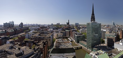 City view from above with the Elbphilharmonie and the St. Nikolai memorial, Hamburg, Germany