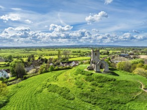 Burrow Mump from a drone, Southlake Moor, Burrowbridge, Taunton, Somerset, England, United Kingdom