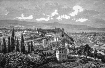 Alhambra of Granada, gardens and parks, mountains, Spain, historical illustration 1896