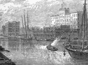 The Chicago River from the Madison Street Bridge, Chicago, Illinois, around 1870, America, digital