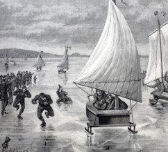 Race between sailing sledges and ice skaters on the Müggelsee, around 1870, Berlin, Germany,