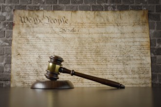 United states constitution on wall with gavel resting on table in front