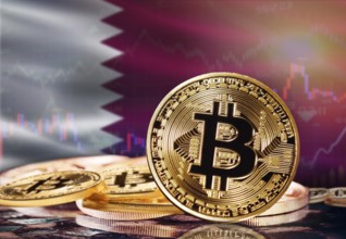 Bitcoin with Qatar flag in the background. Investors in cryptocurrency and Blockchain Technology in