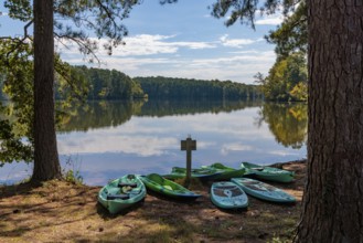 Plastic rental kayaks, canoes and paddleboards on the shore of Pin Oak Lake at The Lodge hotel in