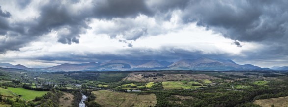 Panorama of Nevis Range Mountains from a drone, Grampian Mountains, Highland, Lochaber, Scotland,