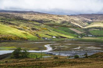 Farms over Loch Harport, Drynoch, Isle of Skye, Scotland, UK
