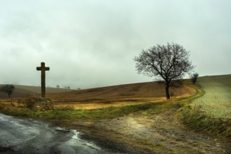 A solitary wooden cross stands beside a muddy dirt road, surrounded by rolling hills under a gloomy