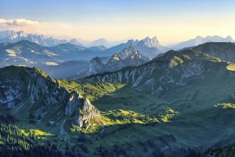 View from Mount Gantrisch, sunset over the Bernese and Fribourg Pre-Alps, Canton of Bern,