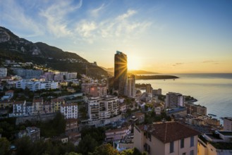 Panorama, Skyline with skyscrapers by the sea, Sunrise, Monte Carlo, Cote d'Azur, Monaco