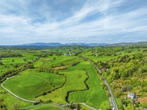 Farms and Fields over Road A591 from drone, Lake District, Cumbria, UK