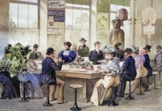 Lunchroom in Chicago, America, coloured wood engraving, reproduction of an original from ca 1888,