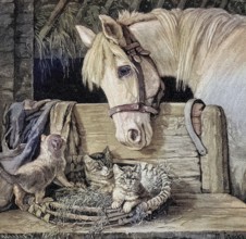 Kittens and a horse as friends, young cats and a white horse in a stable, Illustration from 1894,