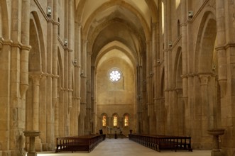 Nave, choir with altar, interior, Gothic basilica of the Cistercian abbey of Fossanova Monastery,